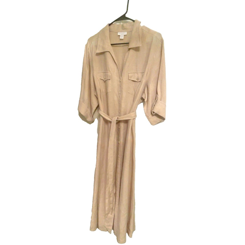 100% Linen Shirt Dress Womens 18W Beige Belted Button Front Midi Plus Size - Picture 2 of 4